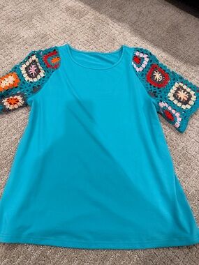 Women's Teal Knit Top with Crochet Accent Sleeves